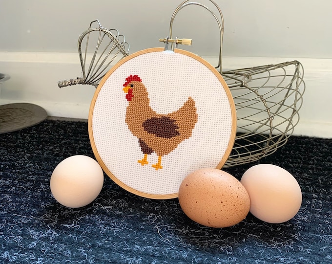 Chicken Cross Stitch Art Made to Order 5 Inch Wooden Hoop