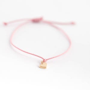 Handmade Solid 14K Yellow Gold Heart Pink Cord Adjustable  Bracelet