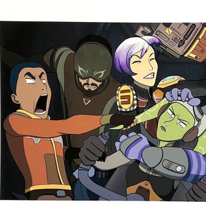 May include: A group of five cartoon characters in a chaotic scene. A green character with a headband is in the center, surrounded by a purple character with a large mouth, a blue character with a green headband, a green character with a red headband, and a purple character with a red headband.