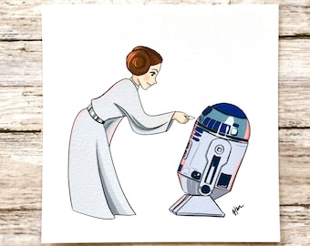 Princess Leia Art -  Princess Leia and R2D2 - You're My Only Hope Print - Help Me Obi-Wan Artwork - Princess Leia Kid's Room - Star Wars Art