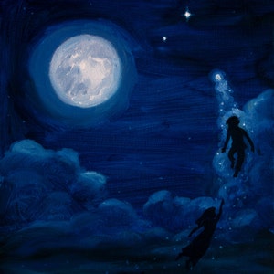 May include: An acrylic painting depicts a night sky scene with a large, bright moon and silhouetted figures floating among the clouds. The artwork is dominated by shades of blue, with stars scattered throughout the sky.