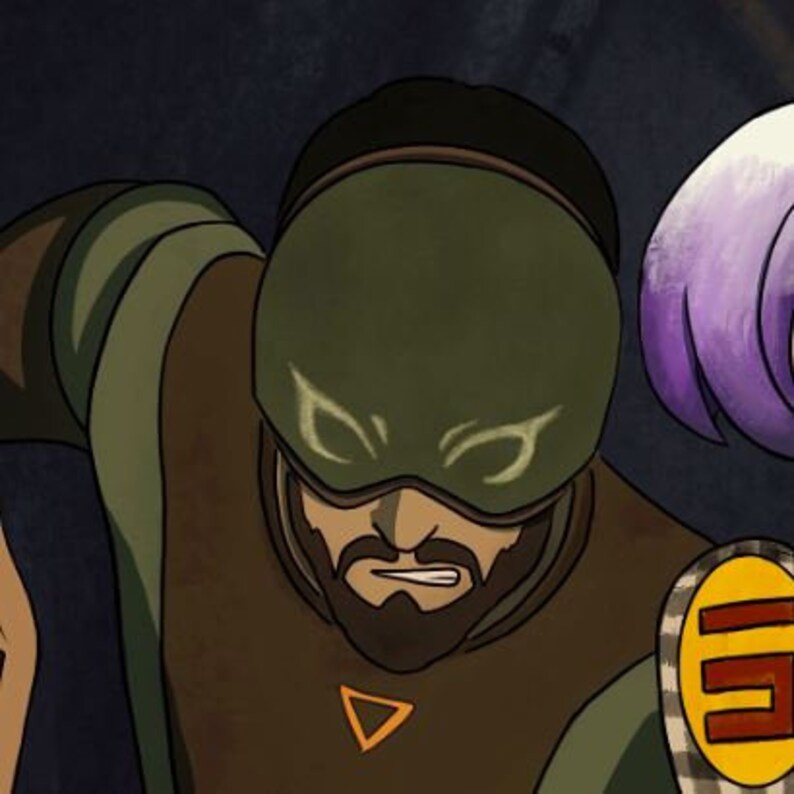 May include: A cartoon illustration of a person wearing a green and brown outfit with a dark green mask. The person has a beard and a serious expression. The mask has a light green design on it.