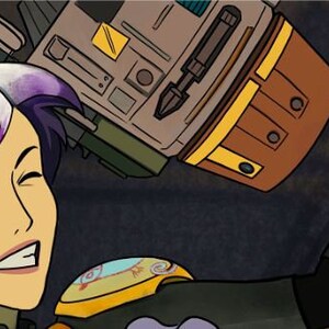 May include: A cartoon illustration of a woman with purple hair wearing a green and yellow jumpsuit. She is smiling and looking up at a brown and yellow robot with a large, round head.