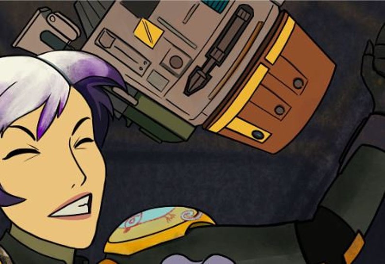 May include: A cartoon illustration of a woman with purple hair wearing a green and yellow jumpsuit. She is smiling and looking up at a brown and yellow robot with a large, round head.