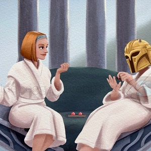 May include: Two people in white bathrobes are sitting on a bench, getting manicures. One person is wearing a gold helmet.