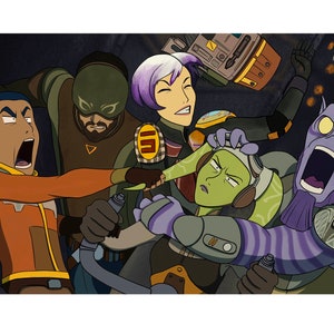 May include: A group of five cartoon characters in a spaceship, with one character holding a green lightsaber. The characters are all looking surprised and scared. The background is dark and there are stars in the background.