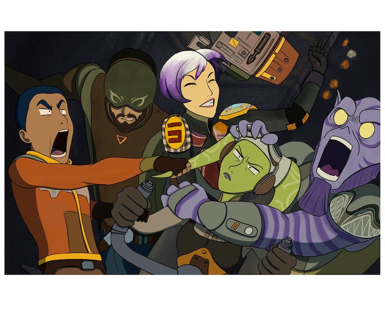 May include: A group of five cartoon characters in a spaceship, with one character holding a green lightsaber. The characters are all looking surprised and scared. The background is dark and there are stars in the background.