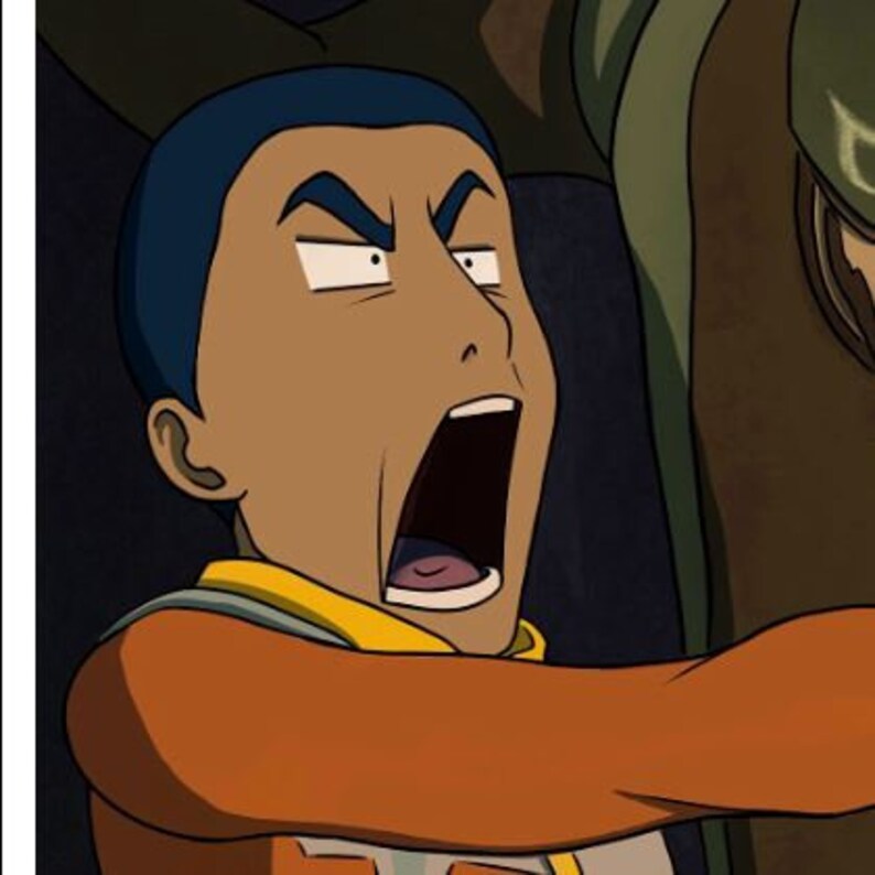 May include: A cartoon illustration of a person with brown skin, dark hair, and a surprised expression. The person is wearing an orange and yellow jumpsuit. The person's mouth is open and they are looking to the right.