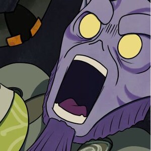 May include: A purple alien with large yellow eyes is screaming with its mouth wide open. The alien has a purple beard and is wearing a green and brown outfit.