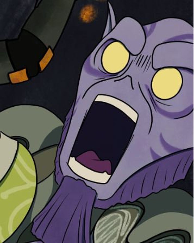May include: A purple alien with large yellow eyes is screaming with its mouth wide open. The alien has a purple beard and is wearing a green and brown outfit.