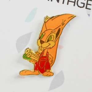 Pins Eekhoorn mascotte, eekhoorn in overall en bouwplan, pin pin geanimeerde film strips 80s/90s