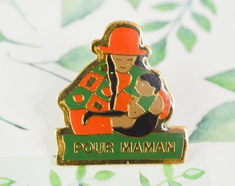 Vintage pins "for mom" mom and child, Mother's Day, gifts, celebration, drawing of a woman, vintage pin's 80s / 90s