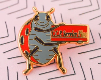 Vintage pretty ladybug pins, "ccs service plus" sign, good quality, funny insect, animal, mammal pin, 80s / 90s pin