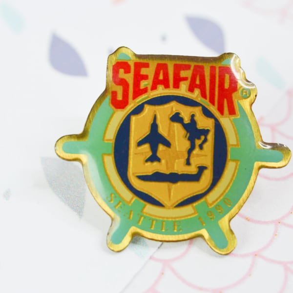 Vintage pins slogan "Seafair seattle 1990" seattle business festival, funky metal rock & roll brooch, biker badge pin