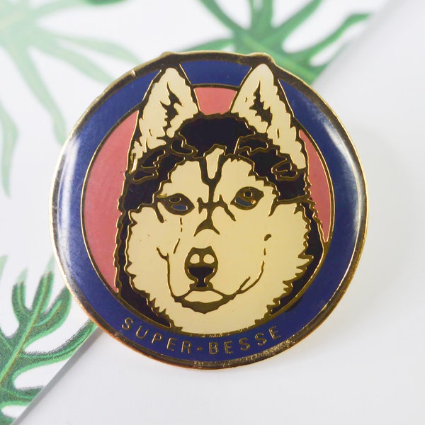 Husky dog pin, "Super Besse" puppy Domestic animal pin, vintage 80s / 90s pin, collar pin, grunge funky rock enamel jewelry