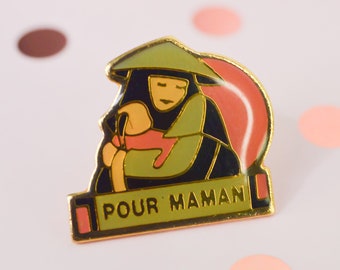 Vintage pins "for mom" mom and child, Mother's Day, gifts, celebration, drawing of a woman, vintage pin's 80s / 90s