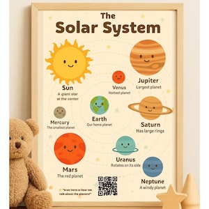 Poster du système solaire pour les enfants | Carte d'apprentissage spatiale imprimable avec planètes + code QR audio | Art mural éducatif amusant pour les 3-8 ans