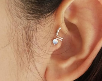 White Opal Tragus Earring, Tragus Jewelry, ear cuff no piercing, single earring, fake ear cuff, Silver tragus clip,non piercing, piercing