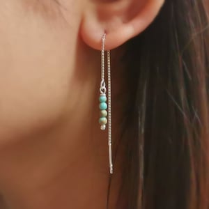 Puede incluir: Pendientes de cadena de plata con cuentas turquesa. Los pendientes son largos y cuelgan del lóbulo de la oreja.