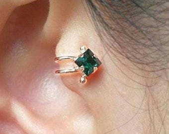 Emerald Swarovski Crystal Tragus Ear Cuff: Rose Gold Clip-On Earring, non piercing earring