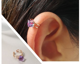 Minimal cartilage cuff,Amethyst Swarovski crystal,Rose gold plated,Clip on ear,non piercing earrings,personalized,Birth stone
