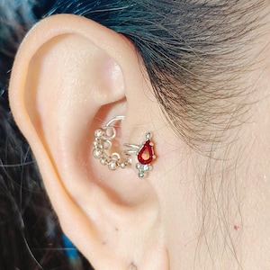 Tragus earring , Swarovski crystal Ruby color,White gold plated, Cartilage earrings, ear cuffs no piercing, fake ear cuffs, tragus jewelry