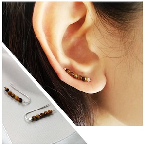 Tiger&#39;s Eye gemstones, climber earrings, ear climber,Minimal Earrings,Silver ear climber,Round Tigers Eye Earrings,tiger eye jewelry