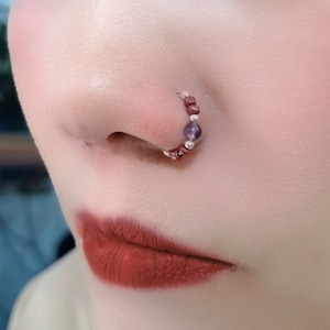 Neusring met amethistkralen, neusklem, geen piercingsieraden, neusmanchet, zilveren neusring, Huggie-sieraden, neusring met kralen