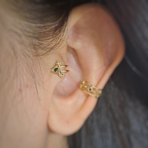 Black Diamond Cubic Zirconia Tragus Earring Set: 14k Gold Plated Silver Ear Cuff