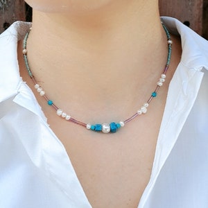 Fresh Water pearl beaded necklace, Turquoise beaded necklace, Tiny choker, Choker Necklace, Beaded jewelry, Beaded necklace ,Boho necklace