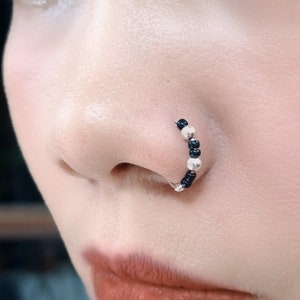Sierlijke neusring, lapis lazuli-kralen, neusklem, geen piercingsieraden, neusmanchet, zilveren neusring, Huggie-sieraden, neusring met kralen