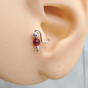 Ruby beaded Tragus Earring, Tragus Jewelry, ear cuff ,no piercing , Silver tragus ear clip , Tiny tragus , tragus stud ,Cartilage earring