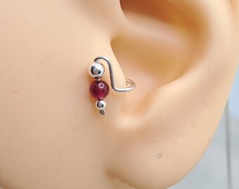 Ruby beaded Tragus Earring, Tragus Jewelry, ear cuff ,no piercing , Silver tragus ear clip , Tiny tragus , tragus stud ,Cartilage earring