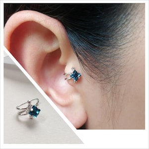 Orecchino trago, cristallo Swarovski, colore blu indicolite, placcato oro bianco, orecchini per cartilagine, orecchio non piercing, finti polsini per orecchie, gioielli per trago