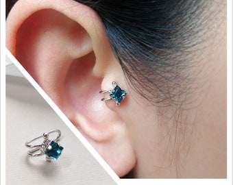 Tragusoorbel, Swarovski-kristal, indicolietblauwe kleur, witgoud verguld, kraakbeenoorbellen, niet-piercing oor, nepoorboeien, tragussieraden