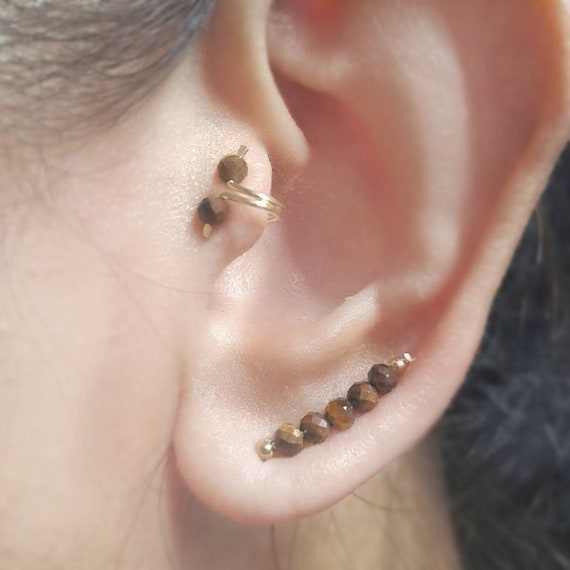 Tiger's Eye Earrings With Tragus Clip,14k Gold Ear Cuff ,no