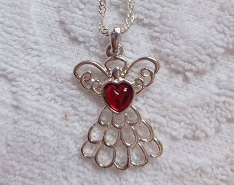 Avon Angel Necklace: Silvertone Pendant with Red Crystal, 18-20" Chain
