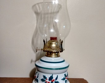 Vintage Christmas Oil Lamp: Holly Berry Hurricane Lantern, Holiday Decor