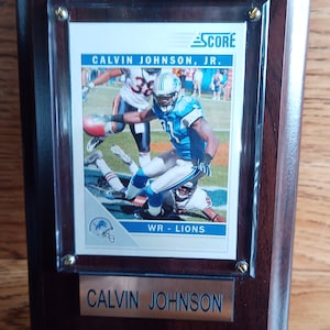 Carte de score Calvin Johnson Jr encadrée Carte Calvin Johnson Detroit Lions encadrée Cartes de sport NFL montées sur cadre, Souvenirs des Detroit Lions, cadeaux NFL