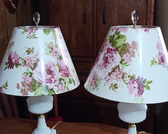 Vintage Milk Glass Hobnail Lamps with Rose Shades