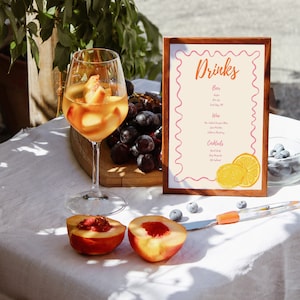 Plantilla digital del menú de cócteles de bodas de cítricos italianos / Diseño de menú / Menú imprimible / Menú colorido / Bebidas exclusivas de la boda / Menú ondulado
