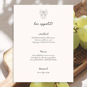 Menú de cena Emma Bow - Plantilla digital / Diseño de menú / Menú imprimible / Menú de cena / Menú dibujado a mano / Cena / Menú de boda