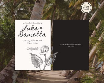 May include: A black and white wedding invitation with a floral design. The invitation reads "you're invited to the wedding of Luke & Daniella" and includes the date, time, and location of the wedding. The invitation also includes the website address "www.lukeanddaniella.com".