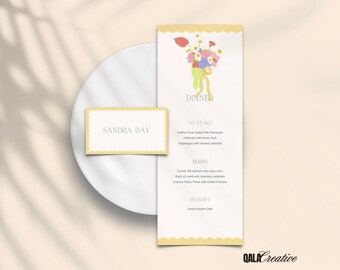 May include: A yellow and white place card with the text "SANDRA DAY" on it. A yellow and white menu card with a floral illustration and the text "DINNER" at the top. The menu lists "TO START", "MAINS", and "DESSERT" with corresponding food items.
