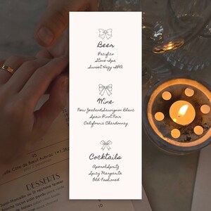 Emma Bow Cocktail Menu - Szablon cyfrowy | Projekt menu | Menu do druku | Menu koktajlowe | Menu baru | Lista win | Rysowane ręcznie menu | Menu Bow