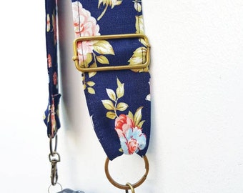 Floral Camera Strap, Blue Flower Print, Adjustable Crossbody Strap