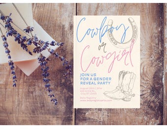 Plantilla editable de 5x7 para revelación de género de vaquero/vaquera, descarga instantánea, plantilla Canva personalizable para invitaciones de revelación de género estilo western.