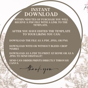 May include: A brown circle with white text that says "INSTANT DOWNLOAD" and provides instructions for downloading a digital template. The text also says "Rustic Runaway Paper & Templates". The background is a white floral pattern.
