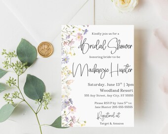 Plantilla editable de invitación para despedida de soltera con flores silvestres / Diseño Canva de 5x7 / Invitación floral imprimible / Despedida de soltera sencilla / Personalizable
