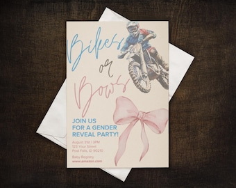 Invitación para revelar el género de bicicletas o lazos / Plantilla editable de Canva de 5x7 / Invitación para fiesta de revelación de género / Descarga digital imprimible